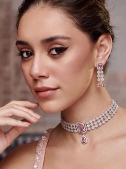Niscka - Rhodium Plated Classic Pink American Diamond Choker Jewellery Set