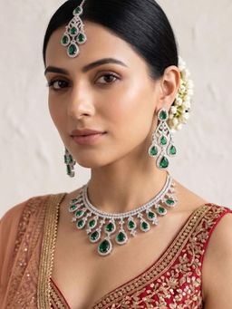 Niscka - Rhodium Plated Green American Diamond Jewellery Set