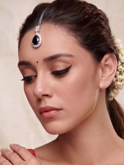 Niscka - Silver Plated Black Cubic Zirconia Studded Drop Handcrafted Maang Tikka