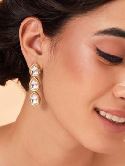 Niscka - 18K Gold Plated White Kundan Long Drop Handcrafted Dangler Earrings for Women