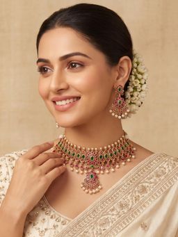Niscka - Antique 24K Gold Plated Multi Color Temple Choker Necklace Jewellery Set