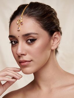 Niscka - Gold Plated Pink American Diamond Floral Handcrafted Maang Tikka