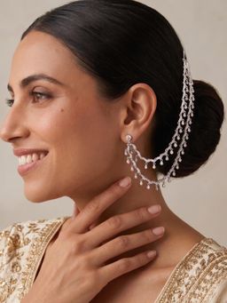 Niscka - Silver Rhodium Plated Double Layer White American Diamond Zircon Ear Chains