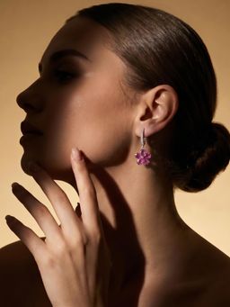 Niscka - Silver Plated Pink American Diamond Floral Drop Earrings