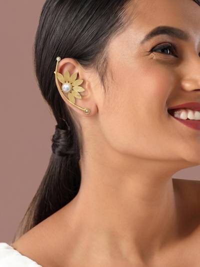 Matte Gold Plated Sunflower Ear Cuffs with Pearl Stones
