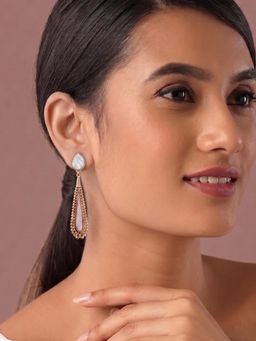 Niscka - Matte Gold Plated Long Teardrop Pink Filigree Dangler Earrings for Women