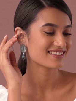 Niscka - Designer Silver Oxidized Leaf Pattern Earrings with Drop Beads