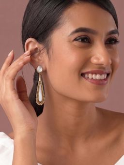 Niscka - Matte Gold Plated Long Teardrop Filigree Dangler Earrings with White Stone