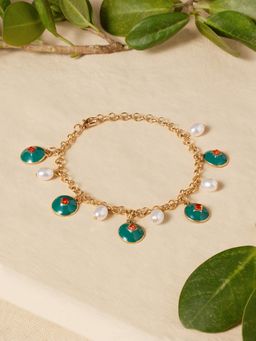 Zaveri Pearls - Green Orange Enamel Stones Pearls Contemporary Charm Bracelet