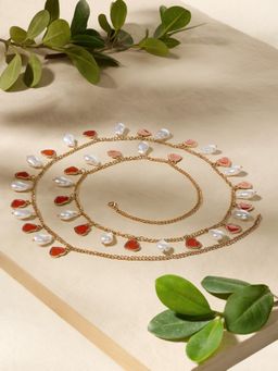 Zaveri Pearls - Orange Enamel Hearts and Baroque Pearls Drop Belly Chain