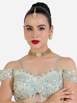 Zaveri Pearls - Gold Tone Diamond Bead Choker Necklace Earring Maangtikka Set-ZPFK22608