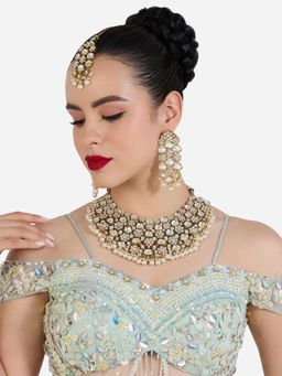 Zaveri Pearls - Gold Tone Stones Pearls Necklace Earring and Maangtikka Set-ZPFK22617