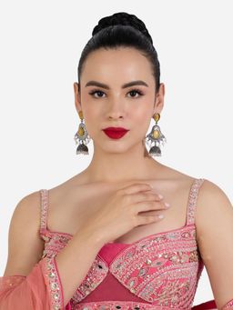 Zaveri Pearls - Yellow Stones Dangling Beads Antique Oxidised Jhumka Earrings