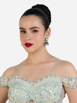 Zaveri Pearls - Mint Green Stone Dangling Pearls Fusion Style Jhumka Earrings