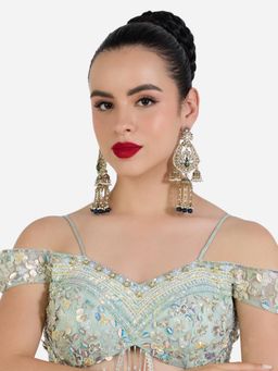 Zaveri Pearls - Green Blue Enamel Peacock Stones Chain Fringe Jhumka Earrings