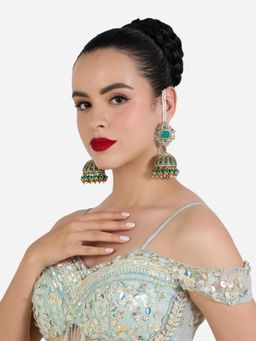 Zaveri Pearls - Green Stones Beads Drop Antique Ear Chain Jhumka Earrings