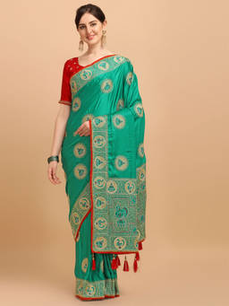 Amrutam Fab - Womens Embroidered Silk Green Saree With Unstitched Blouse Piece