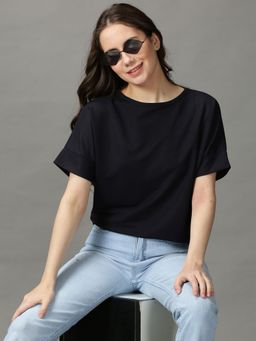 SHOWOFFFF - Womens Short Sleeves Round Neck Navy Blue Solid Top