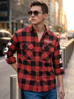 Bewakoof - Mens Red & Black Reb Checked Oversized Shirt