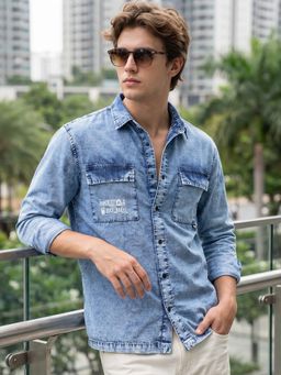 Bewakoof - Mens Blue Evolve Typography Washed Denim Shirt