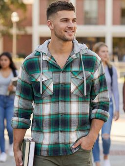 Bewakoof - Mens Green And White Checked Oversized Hooded Shirt