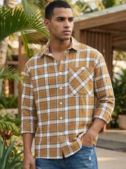 Bewakoof - Mens Brown And White Checked Oversized Casual Shirt