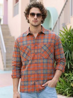 Bewakoof - Mens Rust Orange Checked Oversized Casual Shirt