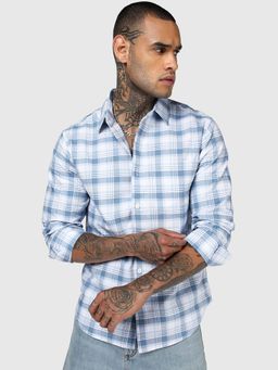 Bewakoof - Mens White and Blue Checked Casual Shirt