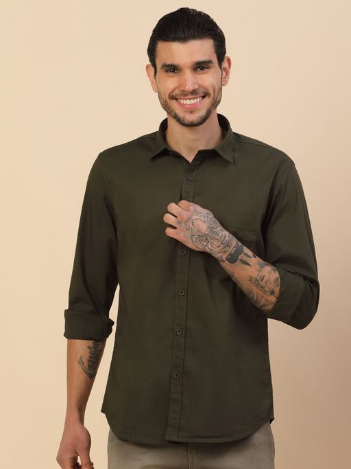 Cantabil Men Olive Cotton Regular Fit Shirt