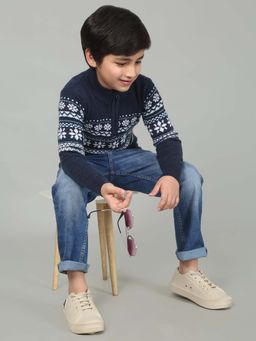 Cantabil - Navy Blue Self Design Regular Fit Sweater