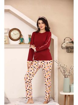 MAYSIXTY - Women 100% Cotton Maroon Printed Full Sleeve T-Shirt with Pyjama (Set of 2)