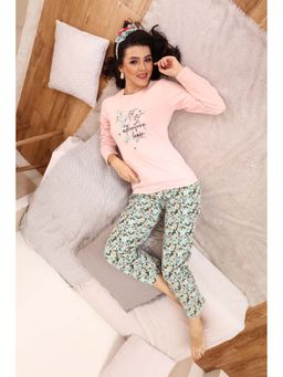 MAYSIXTY - Women 100% Cotton Pink Printed Full Sleeve T-Shirt with Pyjama (Set of 2)