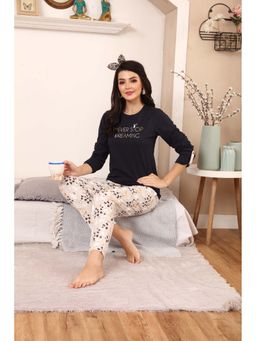 MAYSIXTY - Women 100% Cotton Navy Blue Printed Full Sleeve T-Shirt with Pyjama (Set of 2)