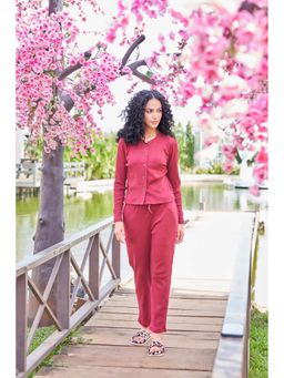 MAYSIXTY - Women Cotton Spandex Maroon Solid Full Sleeve Fashion Crop T-Shirt Co-Ord (Set of 2)