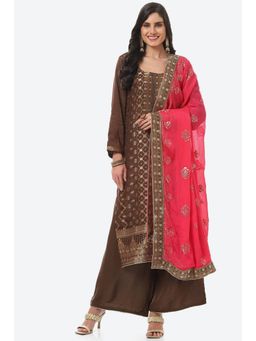 Biba - Brown Banarasi Embroidered Unstitched Suit (Set of 3)