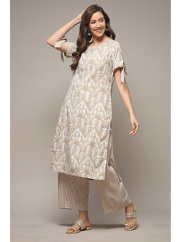 Biba - Womens Beige Printed Rayon Straight Kurta (Set of 2)