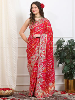 Dress & Dazzle - Ruby Red Gharchola Silk Saree with Unstitched Blouse