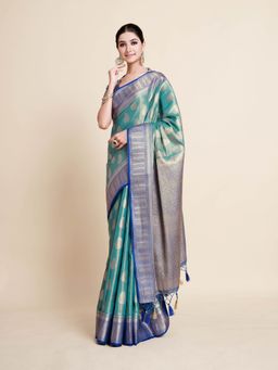 Mimosa - Women Traditional Kanjivaram Art Silk Turquoise Saree with Unstitched Blouse