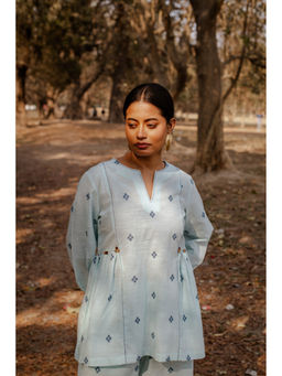 EARTHWEAR - Cotton Woven Buti Gather Blue Top