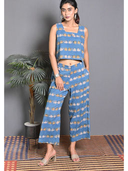 EARTHWEAR - Kettle Hand Block Printed Cotton Sleeveless Blue Co-Ord Set
