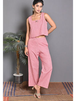 EARTHWEAR - Checks Hand Embroidered Cotton Sleeveless Red Co-Ord Set