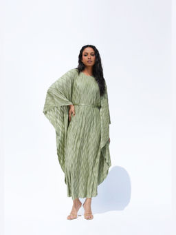 O-PAP STYLE - Women Green Salvia Metallic Kaftan Dress with Belt