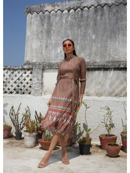 O-PAP STYLE - Women Brown Elizabeth Printed Fringe Dress with Belt