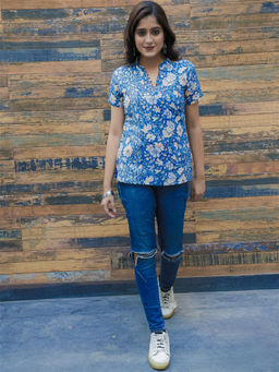 EARTHWEAR - Hand Block Printed Cotton Blue Top