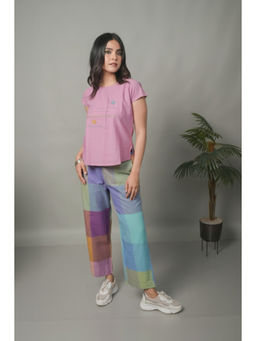 EARTHWEAR - Pastel Checks Hand Embroidered Handloom Multicolour Top with Pant