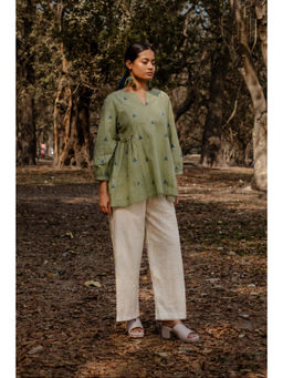 EARTHWEAR - Cotton Woven Buti Gather Olive Top