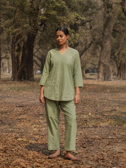 EARTHWEAR - Hand Embroidered Cotton Pleated Green Co-Ord Set
