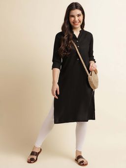 Fabclub - Women Rayon Solid Plain Black Straight Kurta