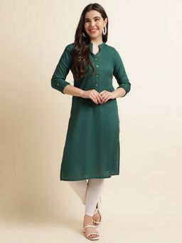 Fabclub - Women Rayon Solid Plain Dark Green Straight Kurta