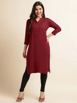 Fabclub - Women Rayon Solid Plain Maroon Straight Kurta